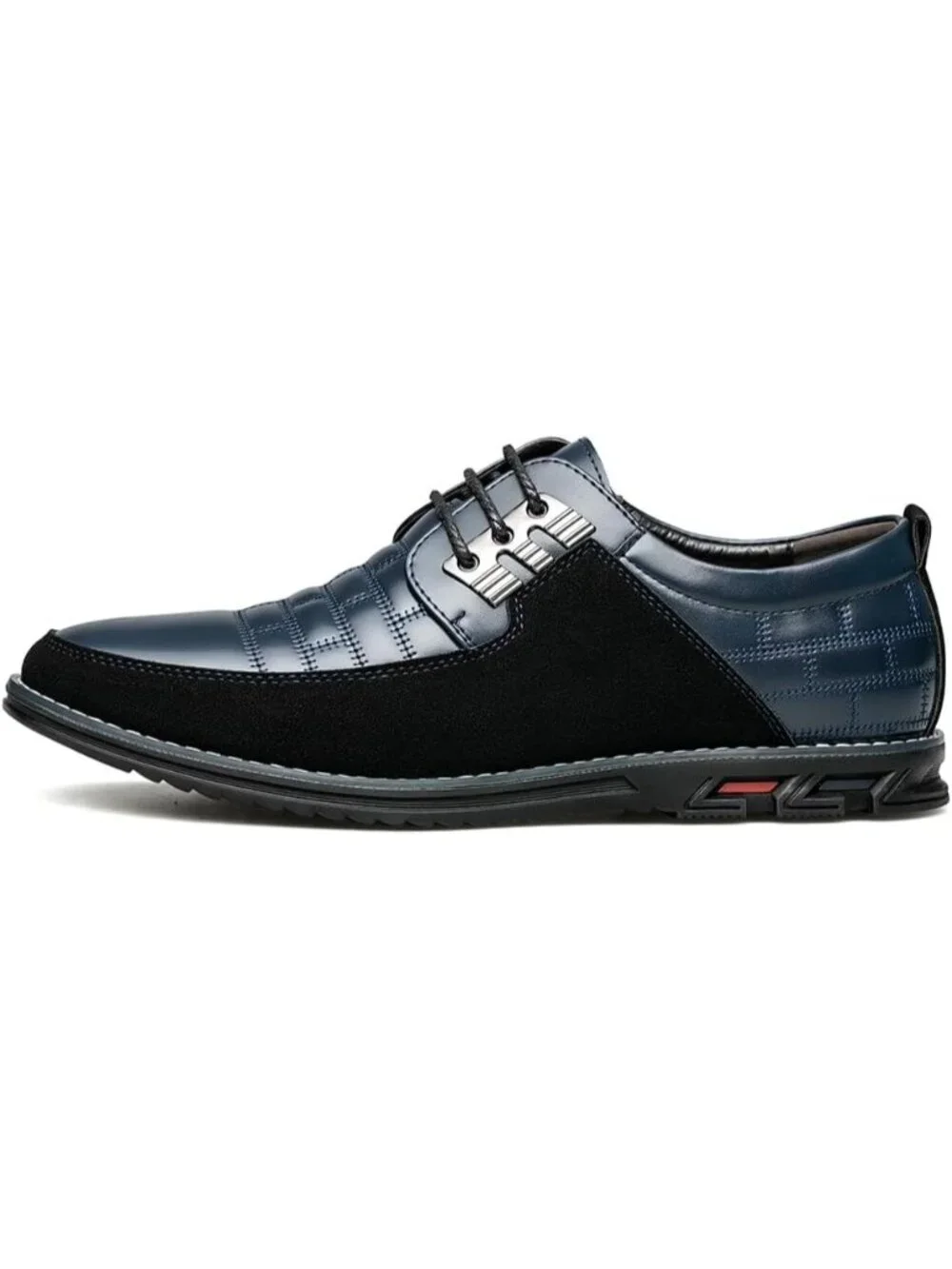 Men's Blue Plaid Embossed Grid Leather Comfortable Hybrid Oxford Dress Sneakers